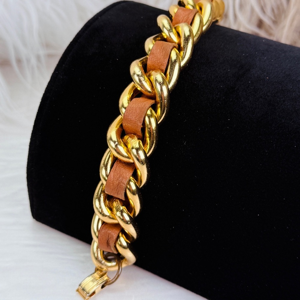 Vintage goldtone chunky chain, brown woven bracelet - Picture 4 of 9
